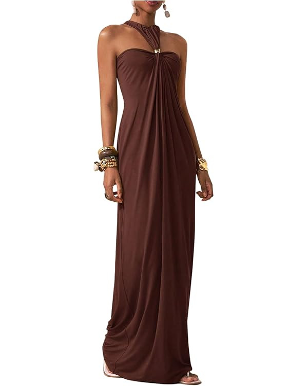 OYOANGLE Women's Sleeveless Halter Maxi Dress Metal Decor Twist Ruched Beach Wedding Guest Dress | Amazon (US)