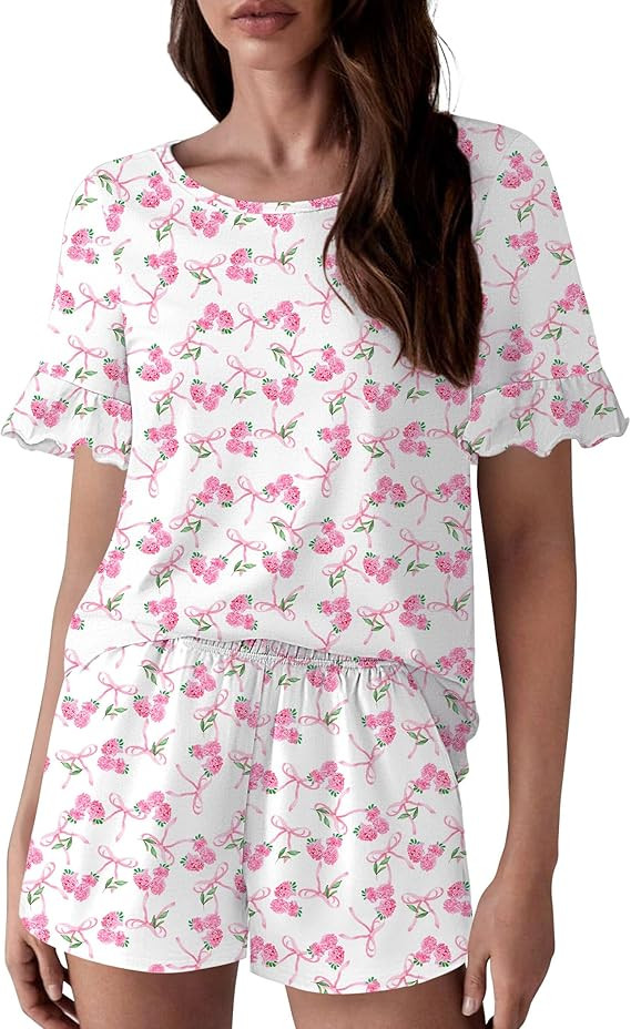 Ekouaer Womens 100% Cotton Pajamas Set Ruffle Sleeves Top and Short Soft Sleepwear 2 Piece Lounge... | Amazon (US)