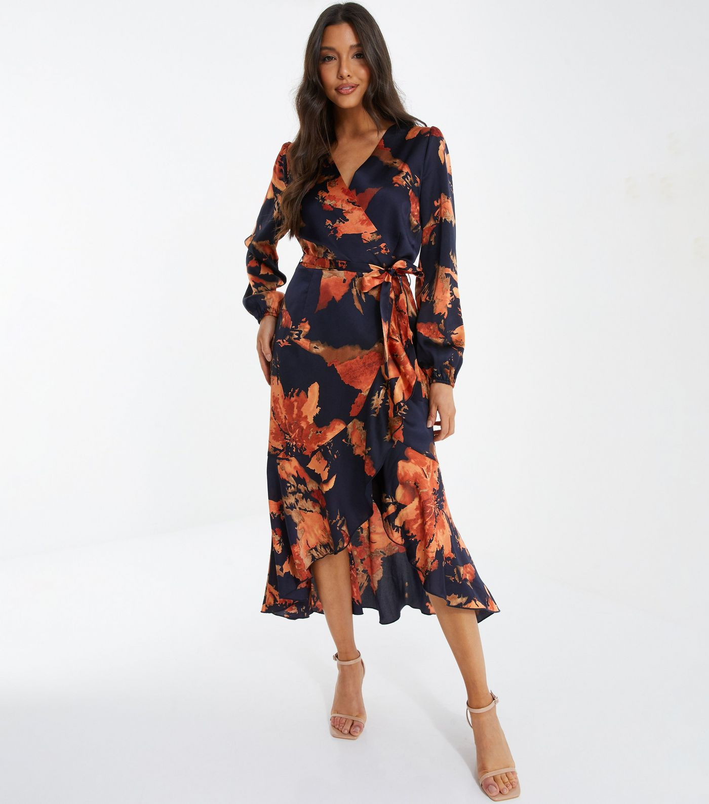 QUIZ Navy Floral Satin V Neck Long Sleeve Frill Midi Wrap Dress | New Look | New Look (UK)
