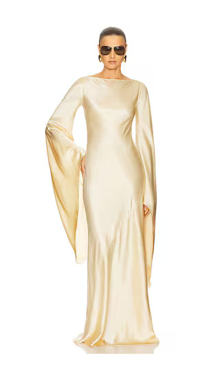 The Rosalind Dress in Silk Charmeuse in Golden Peach | Revolve Clothing (Global)