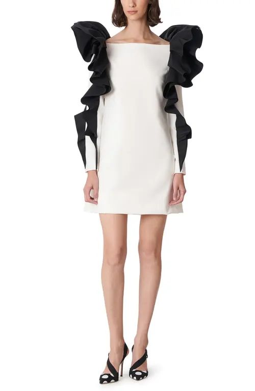 Carolina Herrera Ruffle Trim Long Sleeve Dress in White/Black at Nordstrom, Size 4 | Nordstrom