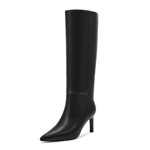 wetkiss Knee High Boots Women Pointed Toe Stiletto High Heel Faux Leather Long Boots with Wide Calf Pull On Dress Fashion PU Tall Boots (Matte Black Size8) | Amazon (US)
