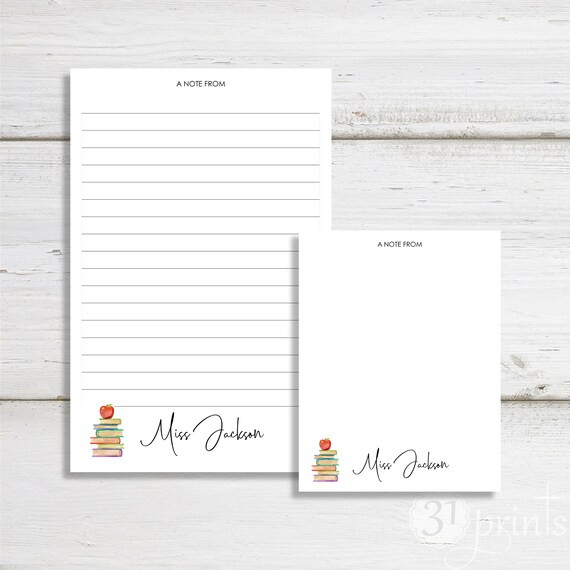 Set of Two Personalized Note From Teacher Notepad with Books and Apple | Two sizes: 5.5 x 8.5 & 4... | Etsy (US)