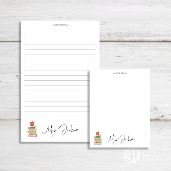 Set of Two Personalized Note From Teacher Notepad with Books and Apple | Two sizes: 5.5 x 8.5 & 4... | Etsy (US)
