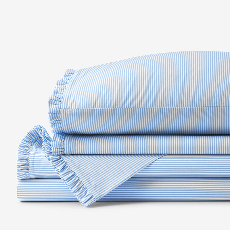 Sunshine & Blooms Classic Cool Cotton Percale Bed Sheet Set - Pinstripe Blue, Queen | The Company Store