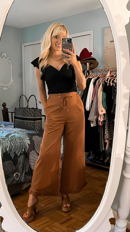 Trendy outfit - summer outfit - spring outfit - casual summer outfit - fitted black flutter sleeve top - khaki boho linen crop ankle pant - cork platform heel sandals - Amazon Fashion - Amazon finds 

#LTKSeasonal #LTKstyletip #LTKshoecrush