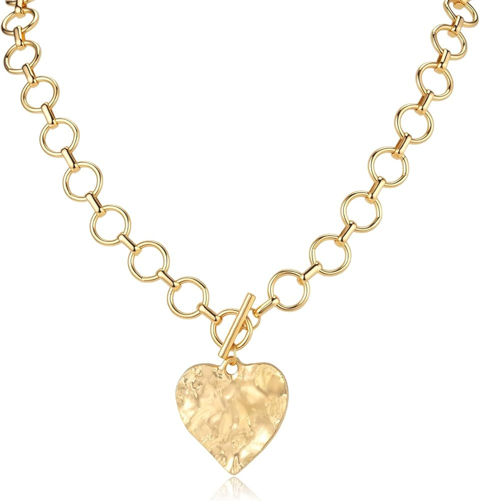 Chunky Gold Heart Necklaces for Women Chunky 14K Gold Plated Heart Pendant Necklace with Toggle C... | Amazon (US)