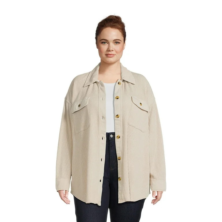Terra & Sky Women's Plus Size Button Down Waffle Knit Shacket | Walmart (US)