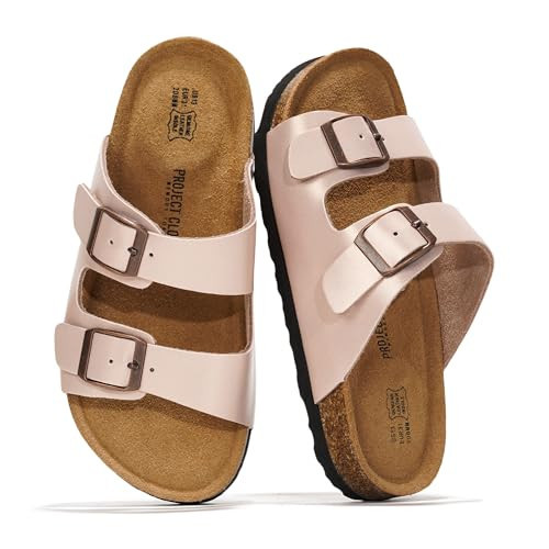 Project Cloud 100% Genuine Leather Kids Sandals - Natural Cork Footbed Non-Slip Slides for Kids - Lightweight Boys & Girls Sandals - Water-Resistant Girls & Boys Sandals (Little Venita, PINKMETACT,2) | Amazon (US)