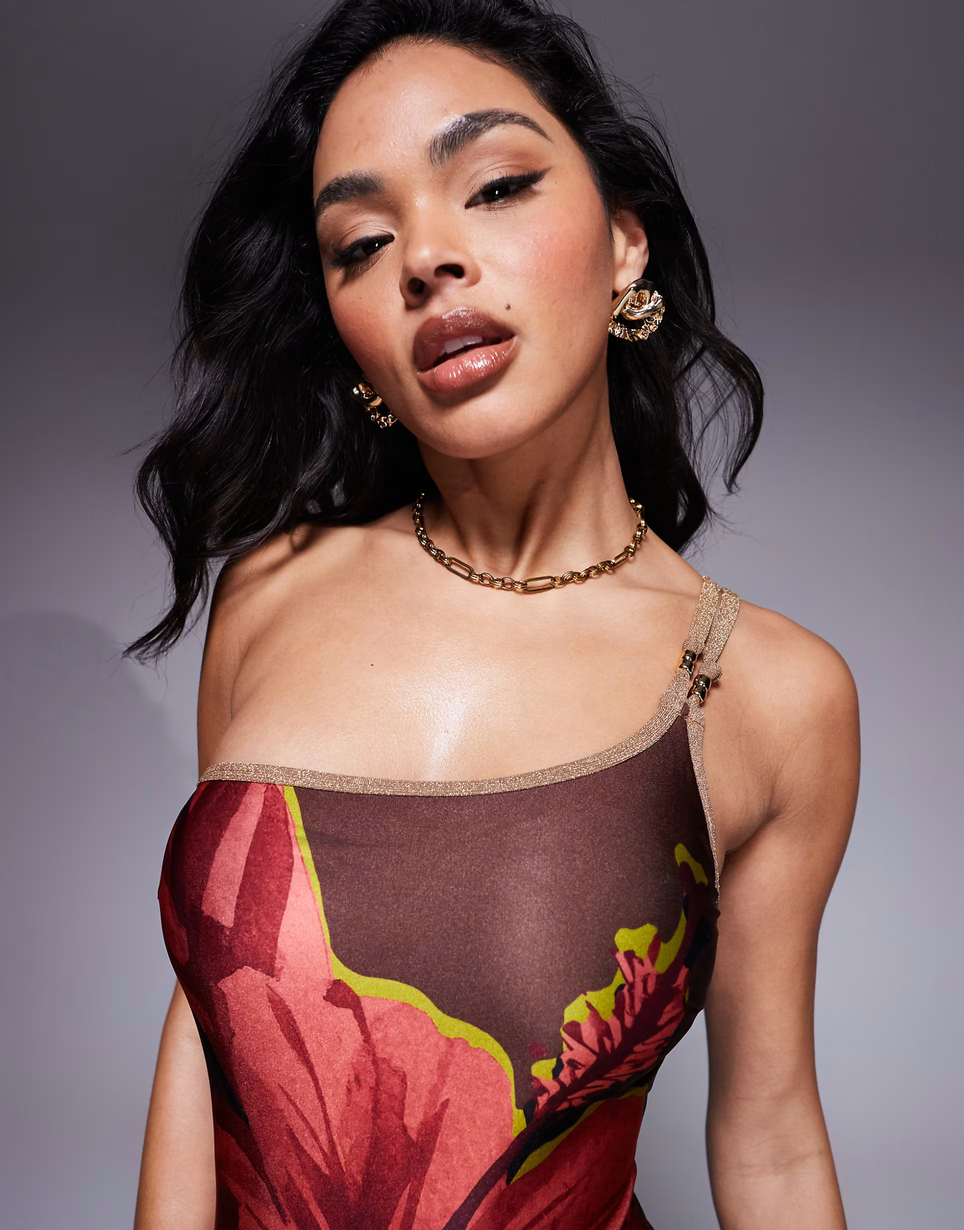 River Island one-shoulder flower swimsuit in brown | ASOS (Global)