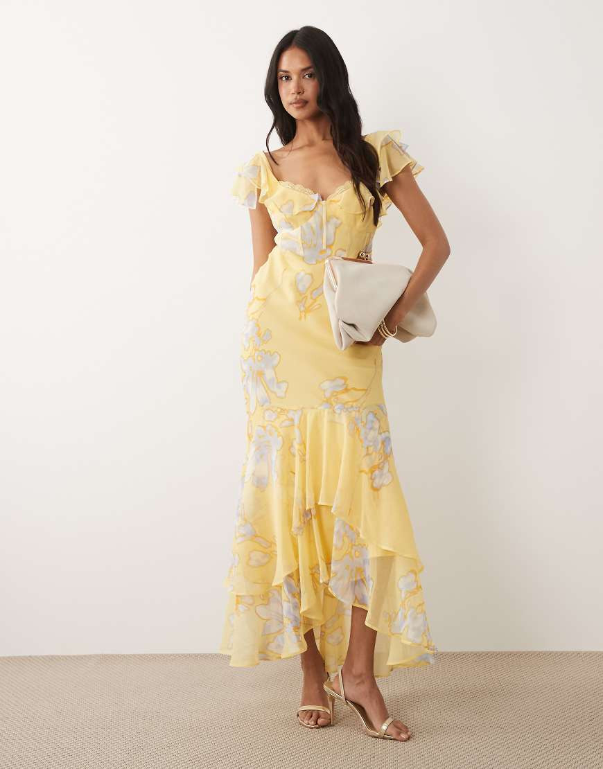 ASOS DESIGN frill sleeve maxi dress with fishtail hem in yellow floral print-Multi | ASOS (Global)