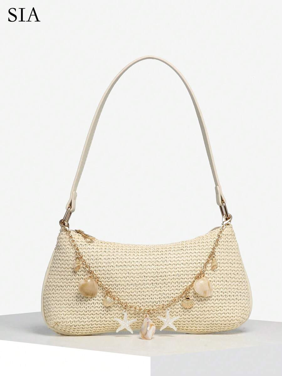 1pc Women's Vintage Resort Ocean Creature Faux Pearl Cherry Faux Fur Tail Woven Crossbody Bag, Su... | SHEIN
