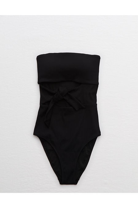 Aerie Ribbed Wrap Strapless One Piece Swimsuit Women's True Black XXL | Aerie