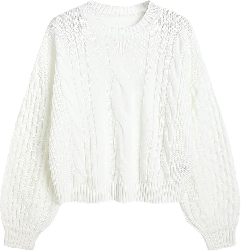 ZAFUL Women's Solid Knit Cable Sweater Casual Long Lantern Sleeve Pullover Crew Neck Knitted Tops | Amazon (US)