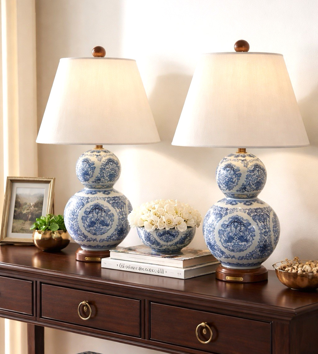 Ralph Lauren Blue White Chinoiserie Double Gourd Porcelain Table Lamps Pair Koi | eBay US