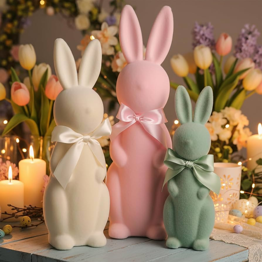 Lanpn 3PCS Flocked Bunny Easter Decorations with Bow Ties, Pastel Rabbit Figurines for Easter Cen... | Amazon (US)