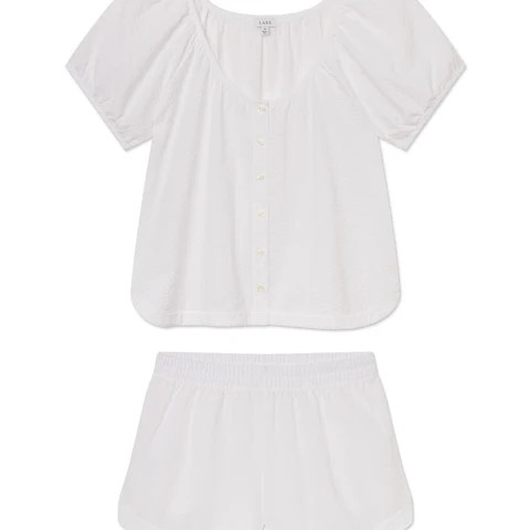 Charlie Shorts Set in White Seersucker | Lake Pajamas