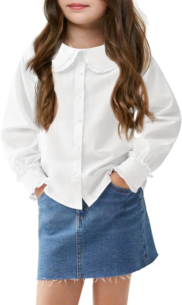 Haloumoning Girls Baby Doll Collar Shirt Classic Long Sleeve Button Down Uniform Shirts Soft Blou... | Amazon (US)