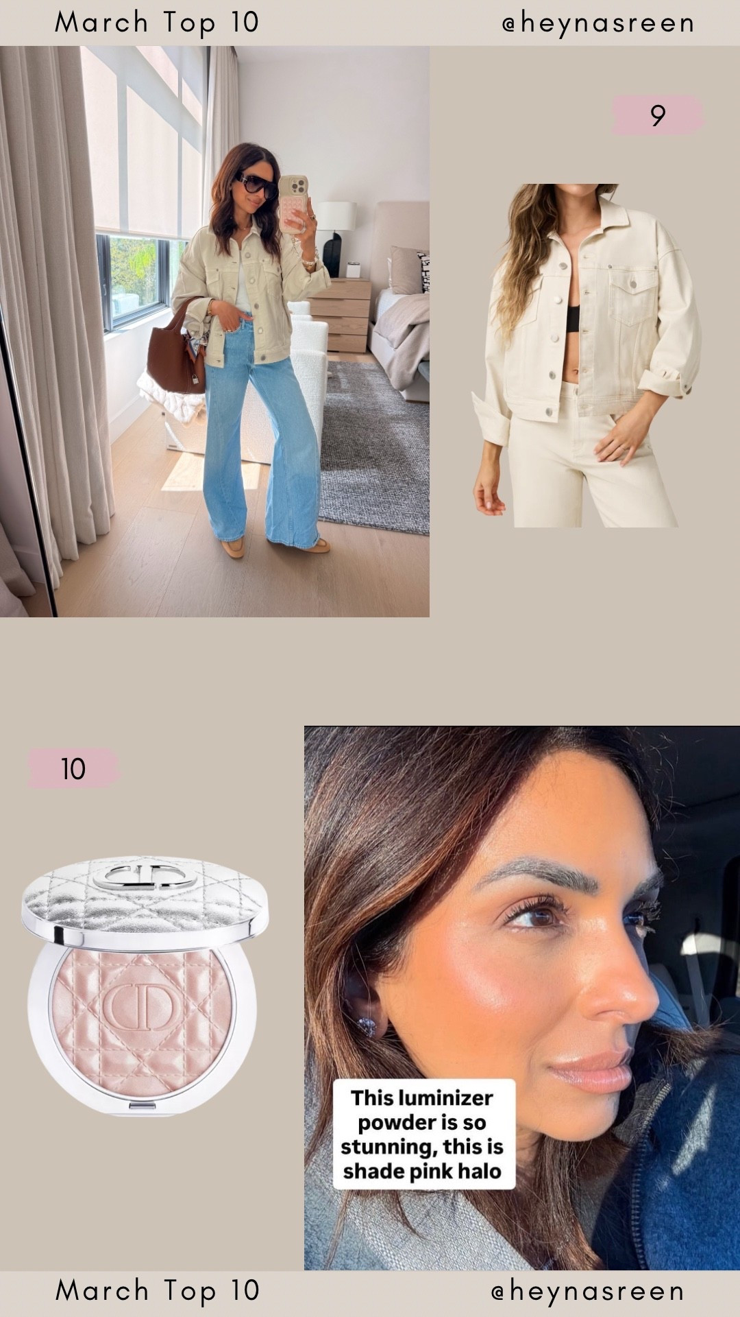March Top 10:
#9: Vuori denim jacket, love the bone color for spring, I’m wearing an XS
#10: Dior highlighter shade pink halo 