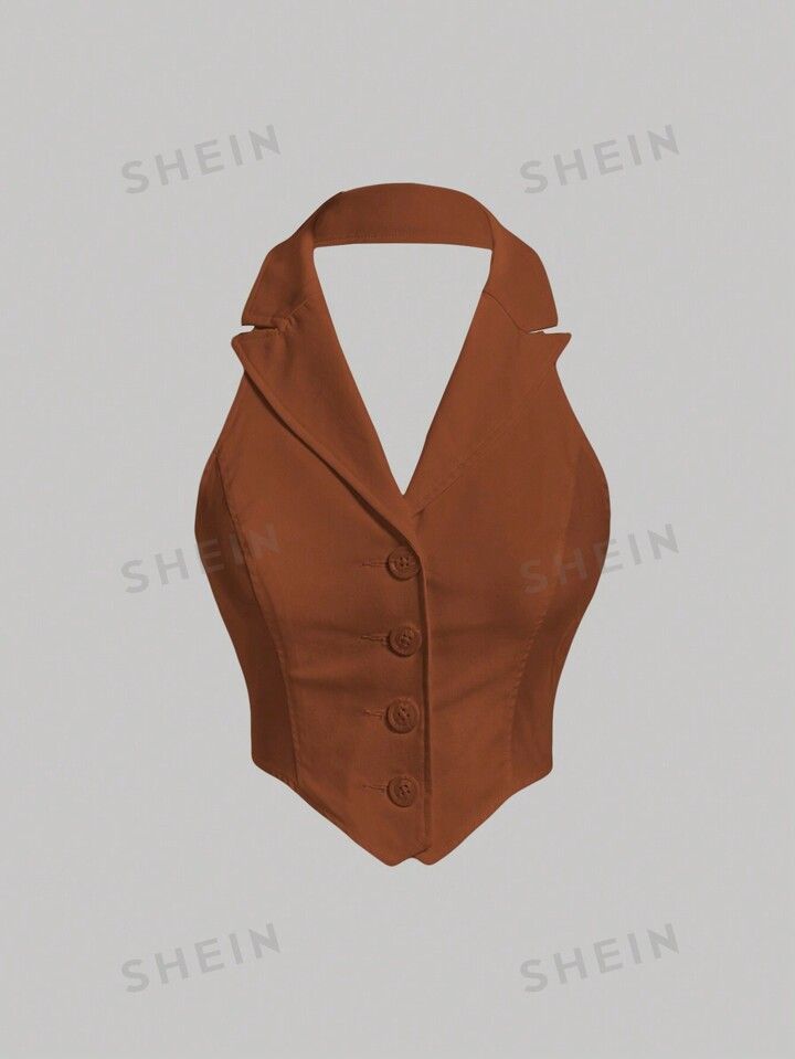 SHEIN MOD Solid Button Front Halter Top | SHEIN