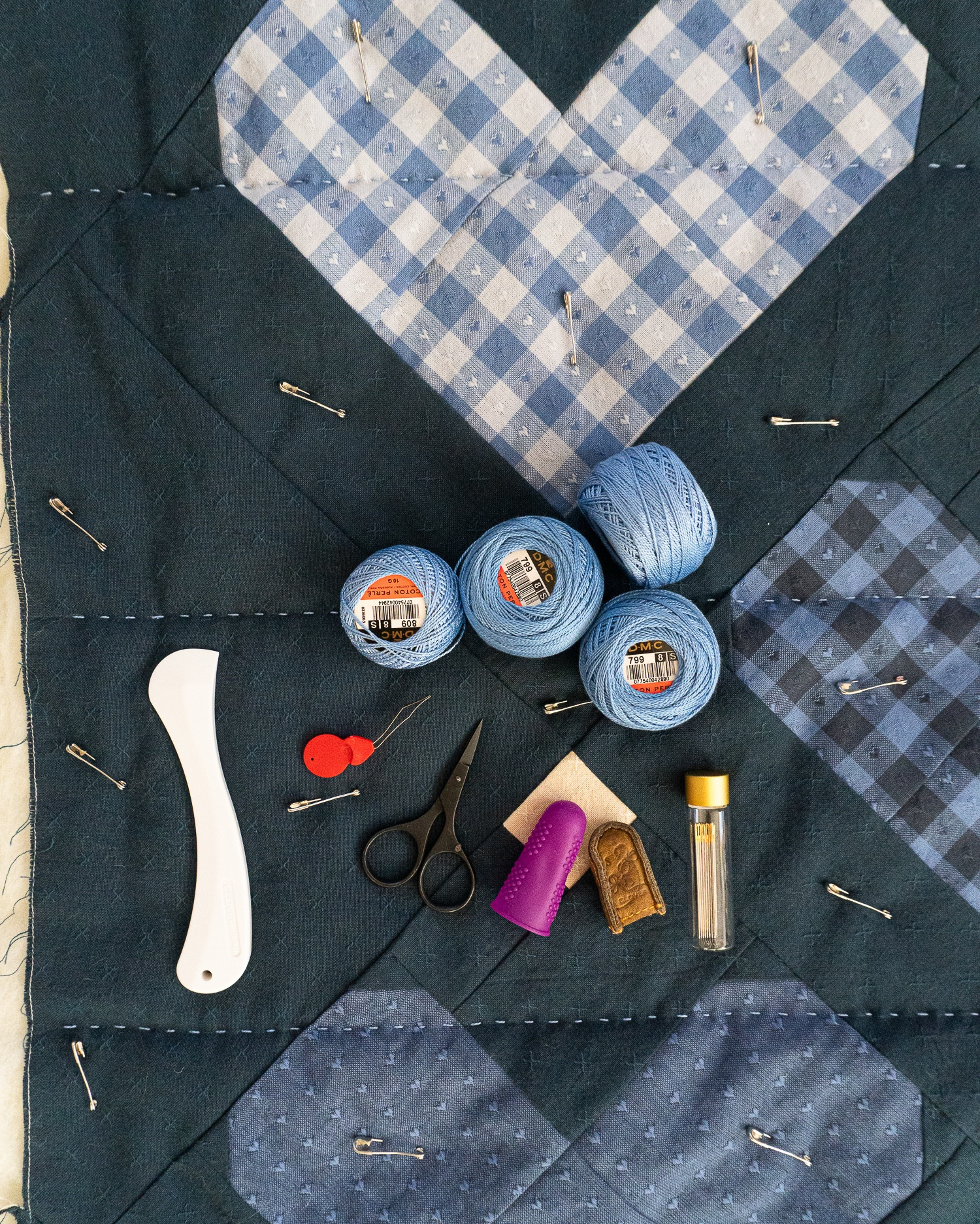 Here’s my current favorite hand quilting supplies.  Pattern is Heart Gems in my shop: quiltyloveshop.com