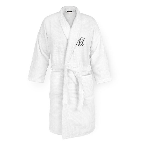 Kaufman Sugarcube White Robe with Personalized Black Monogram | Bed Bath & Beyond