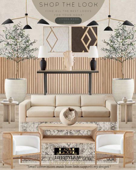 Japandi Style Living Room Design Idea. Wood coffee table, wood cane accent chairs, traditional rug, round table decor, round wood end table, beige creme sofa, white terracotta tree planter pot, realistic fake faux olive tree, black end table, black table lamp, terracotta vase, japandi wall art, modern chandelier, wood wall panels. 

#LTKstyletip #LTKFind #LTKhome