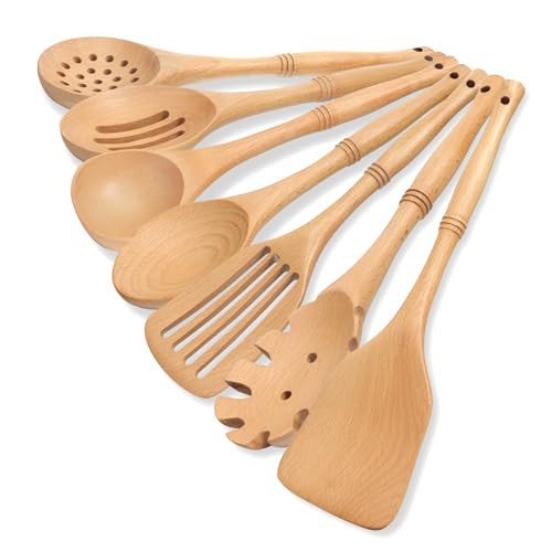 comfoyar Wooden Spoons for Cooking, 7 Pieces Kitchen Cooking Utenails Set with Spatula and Ladle, Heat Resistant Kitchen Cookware for Nonstick Pan-Beech | Amazon (US)
