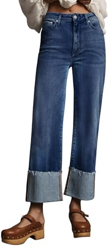 Lesore Womens High Waist Wash Denim Wide Leg Straight Leg Jeans Pants with Cuffed Hem | Amazon (US)