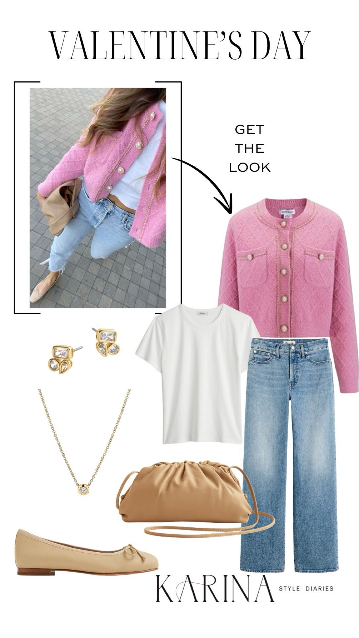 A girly and spring-like take on a Valentine’s Day outfit! I saw this look on Pinterest and thought it was perfect for a girls night out or a Galentine’s Day party. You could also rewear it come Easter (the pastel pink totally fits the vibe.) I’m eyeing these Madewell jeans, which have a slight wide leg fit and a classic wash. Also, this tan clutch would be a great accessory to have in your wardrobe — it’s timeless and goes with just about every outfit! 

#LTKStyleTip #LTKSeasonal #LTKItBag