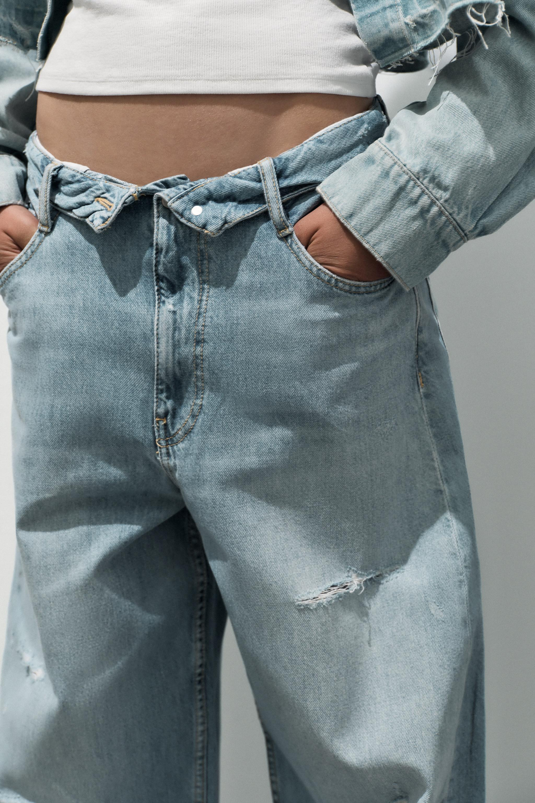TRF MID-RISE FOLDED WAIST RIPPED JEANS | Zara US