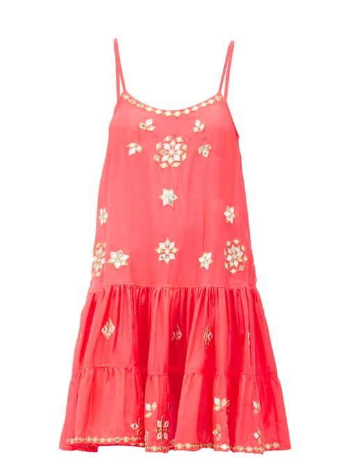 Juliet Dunn - Mirror-embroidered Ruffled-hem Silk Mini Dress - Womens - Pink | Matches (UK)