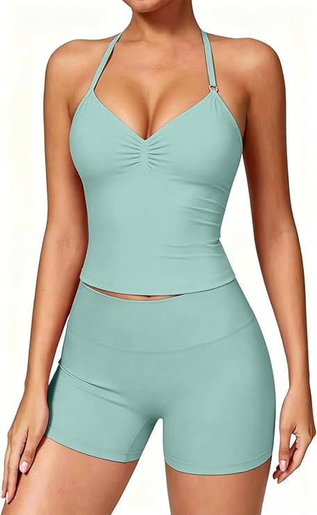 2 Piece Workout Sets for Women Impact Padded Tank top and Seamless Gym Shorts Outfits | Amazon (US)