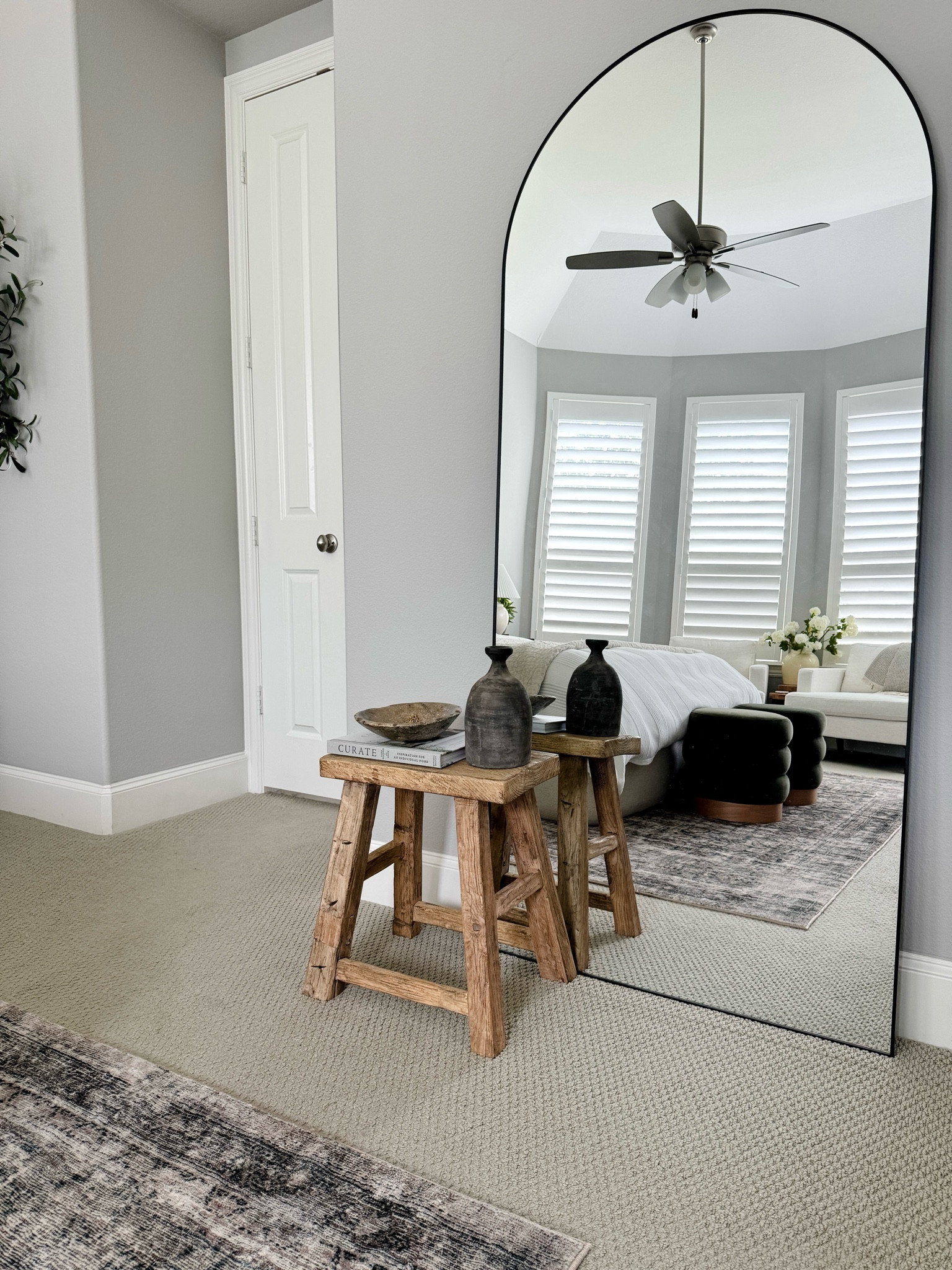 Bedroom styling, loving this new stool and gorgeous decor pieces gifted from @oliveateliers Vintage vase, wooden stool, marble bowl, oversized arched mirror, bedroom styling 

#ad #oliveateliers

#LTKFallSale #LTKHome