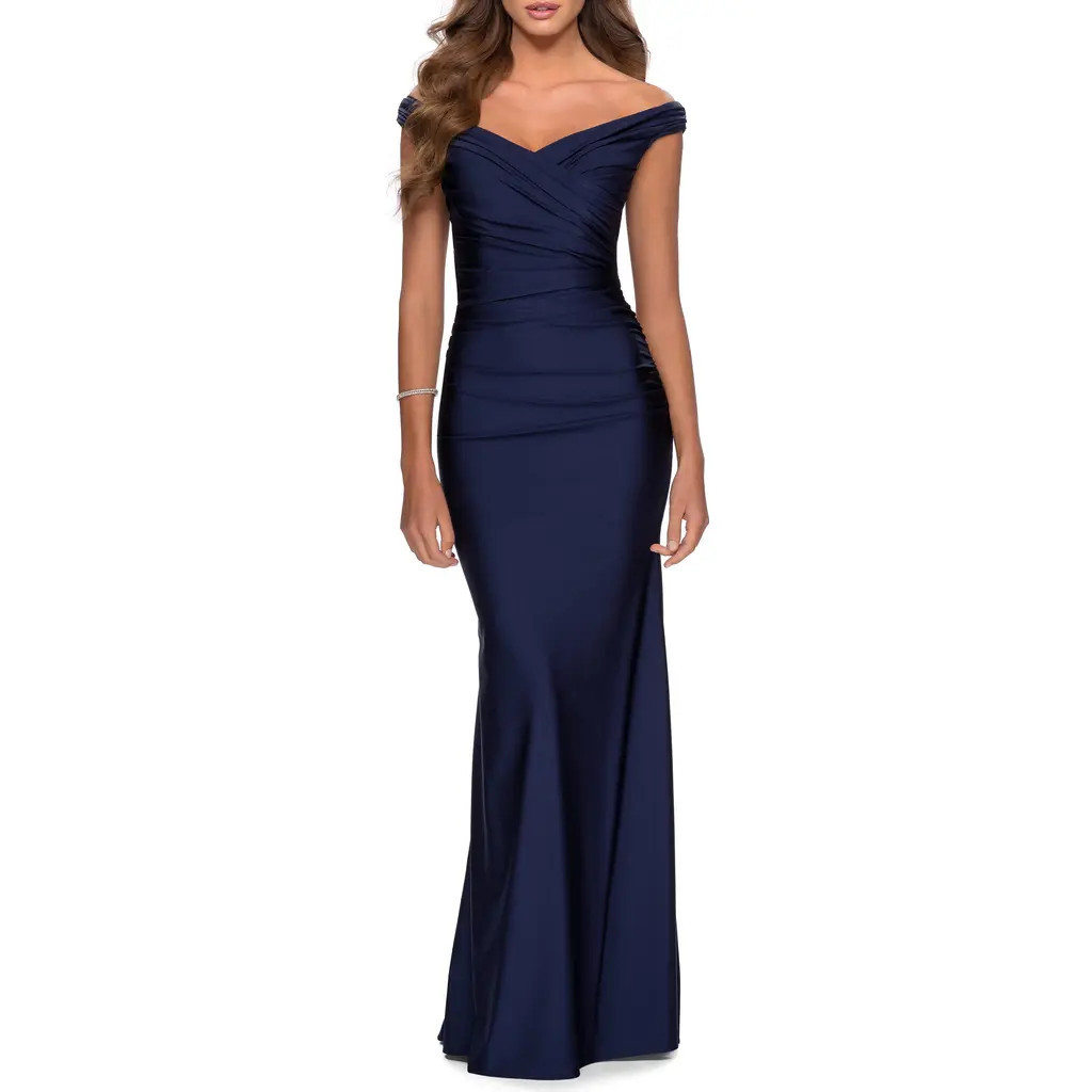 La Femme Off the Shoulder Prom Dress with Sweetheart Neckline in Navy at Nordstrom, Size 0 | Nordstrom