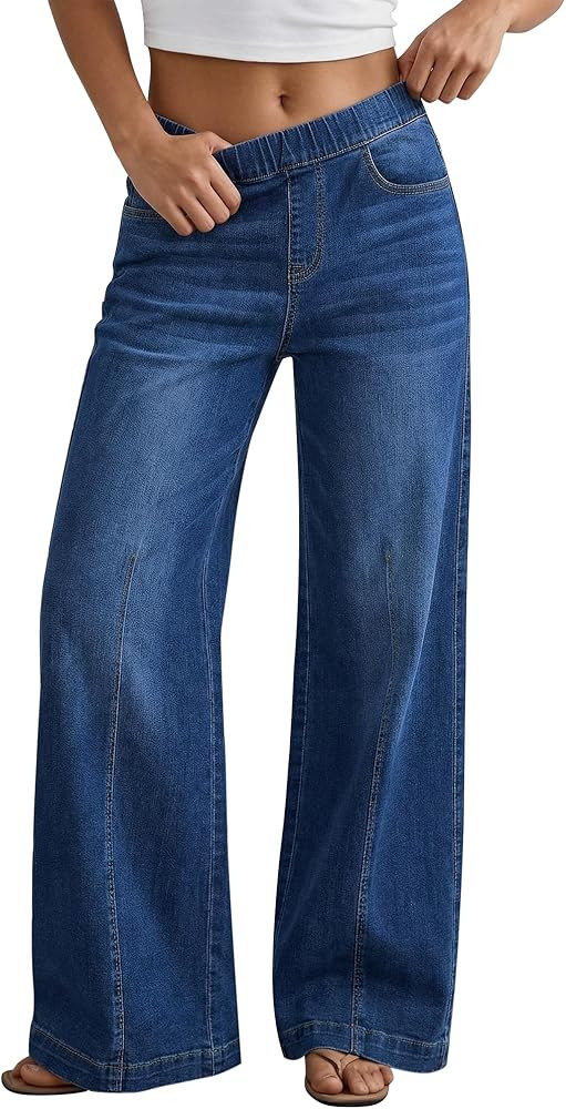 GRAPENT Pull On Womens Jeans Baggy Stretchy High Waisted Denim Wide Leg Trouser Pants Trendy Fron... | Amazon (US)