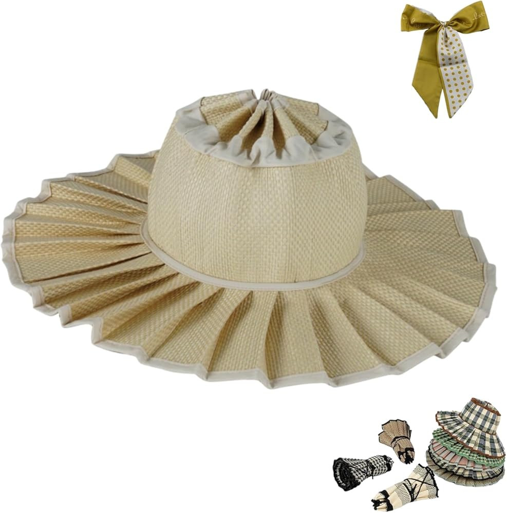 Women's Straw Reversible Pleated Sun Hat,Foldable Wide Brim Beach Hats for Summer,Outdoor Casual ... | Amazon (US)