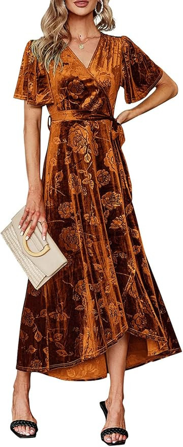 BerryGo Women's Velvet Floral Pattern Semi Formal Wrap Dress Ruffle Maternity Prom Winter Maxi Dr... | Amazon (US)