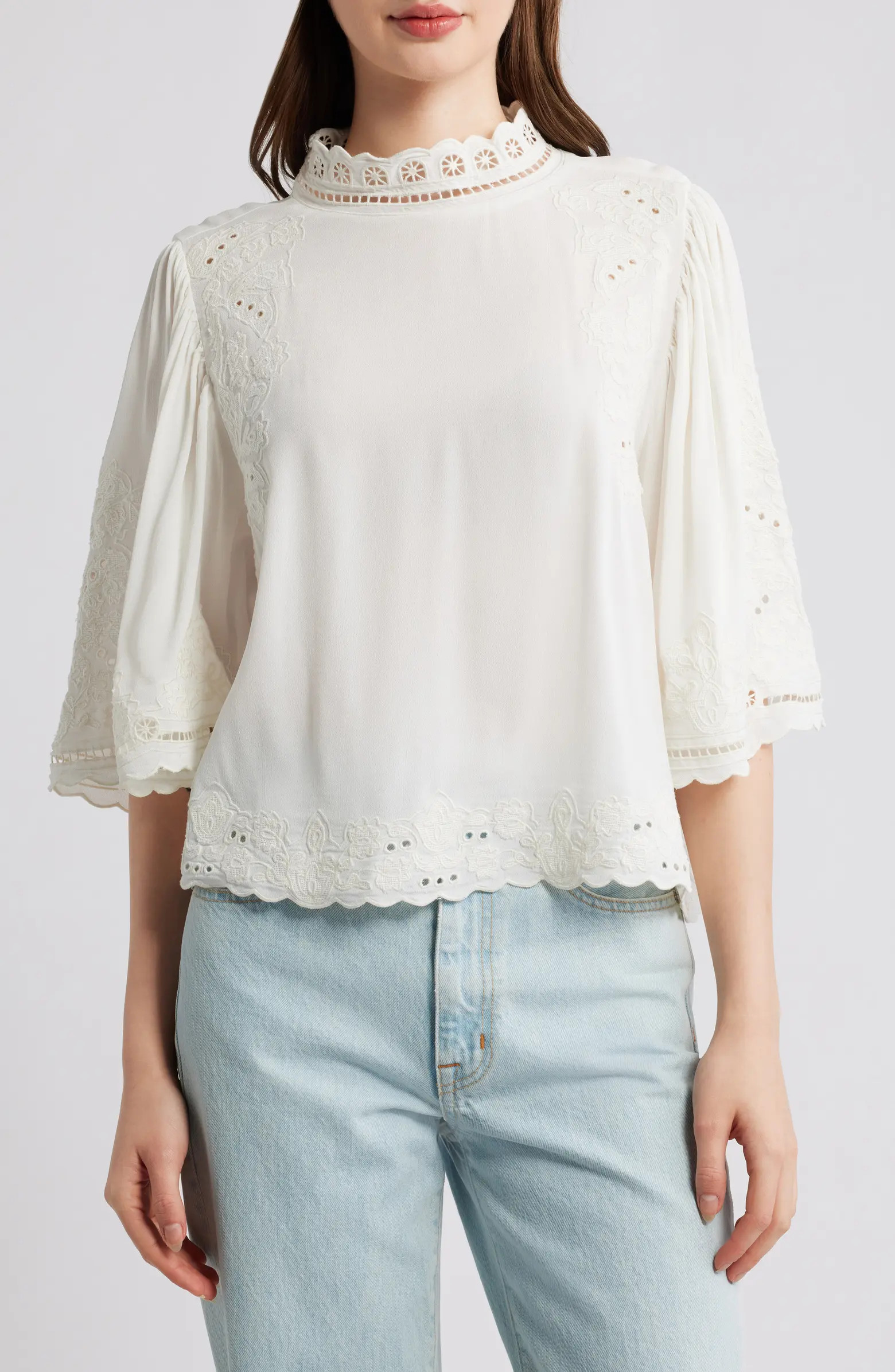 Palm Tree Embroidered Eyelet Mock Neck Top | Nordstrom