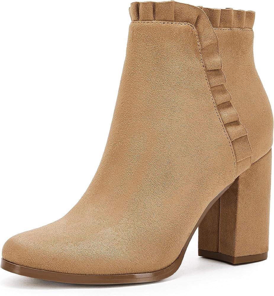 Womens Chunky Block Heel Ankle Boots Faux Suede Ruffle Fall Winter Western Booties | Amazon (US)
