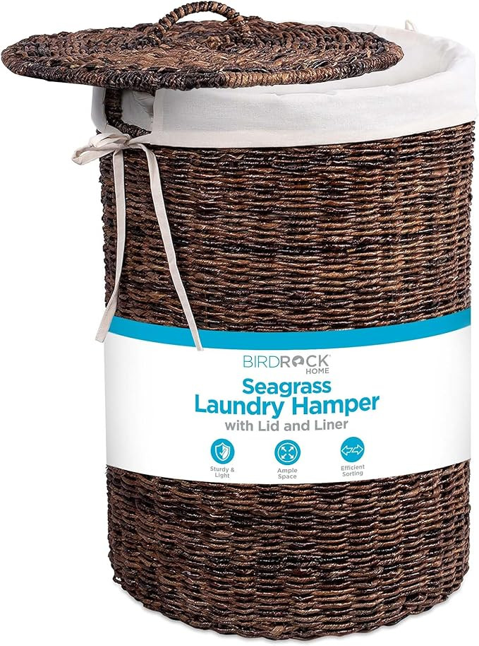 BIRDROCK HOME Seagrass Laundry Hamper with Lid & Liner - Handwoven Round Basket with Handles for ... | Amazon (US)