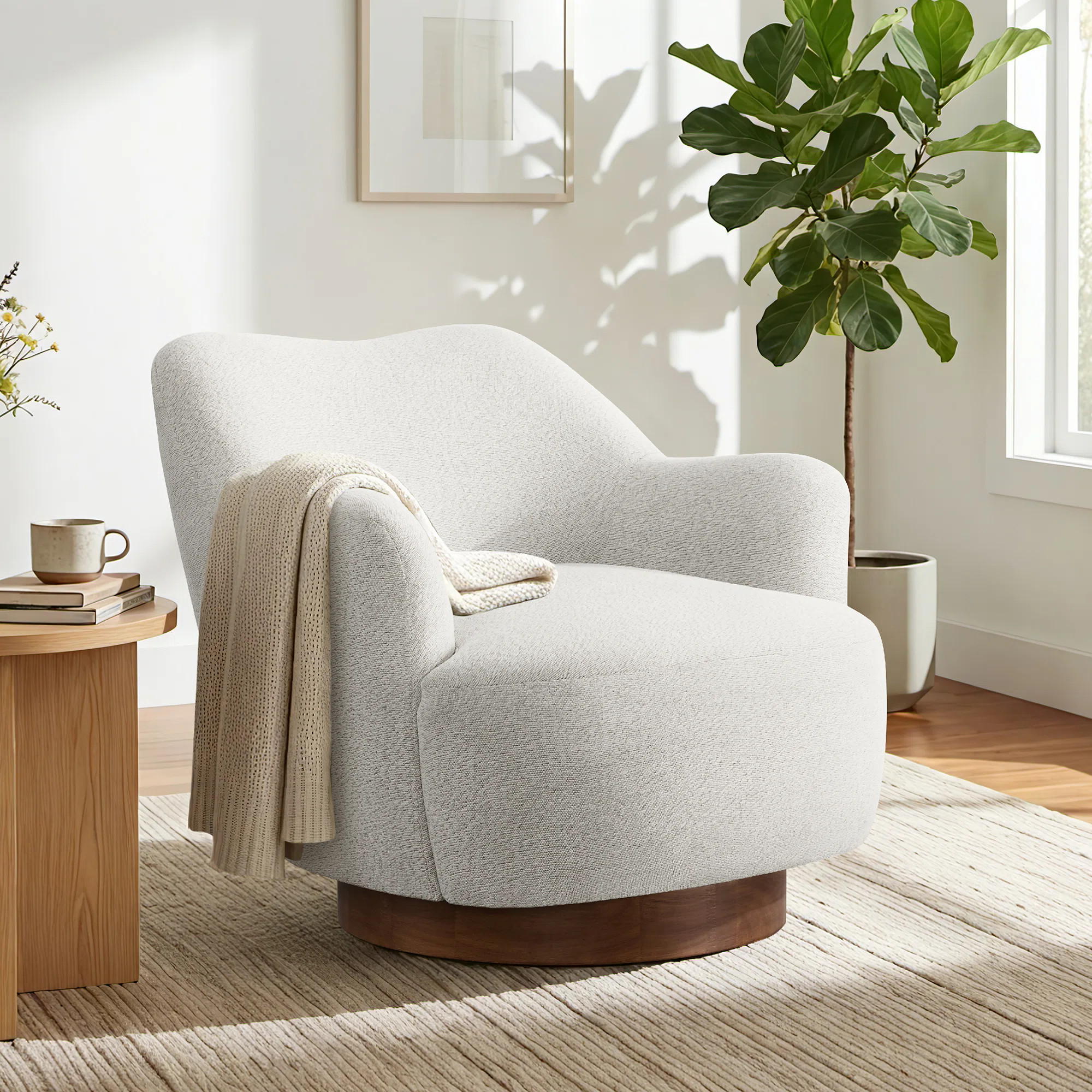 Modern Upholstered Swivel Barrel Chair With Solid Wood Base | Wayfair North America