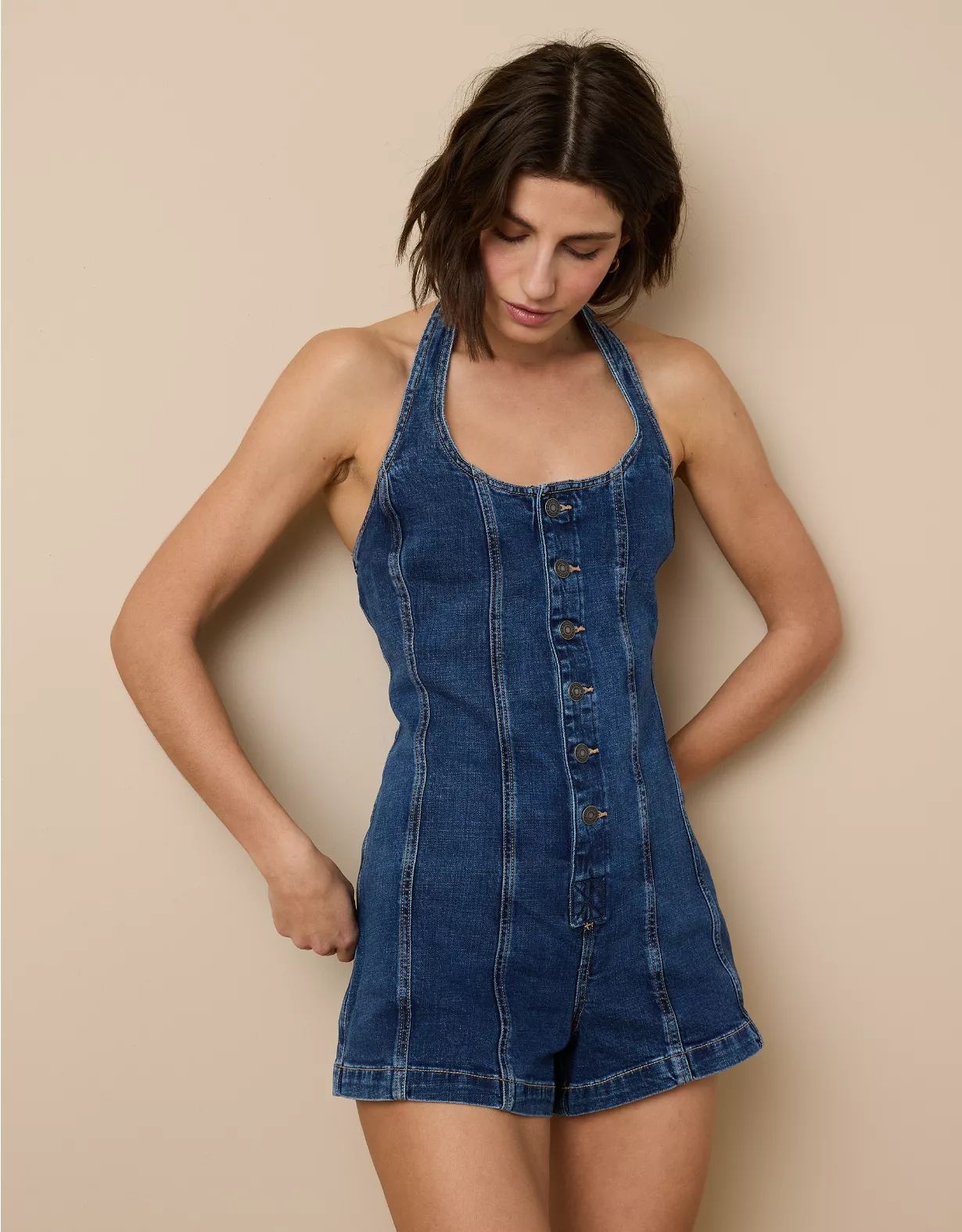 AE Denim Halter Button-Up Romper | American Eagle Outfitters (US & CA)