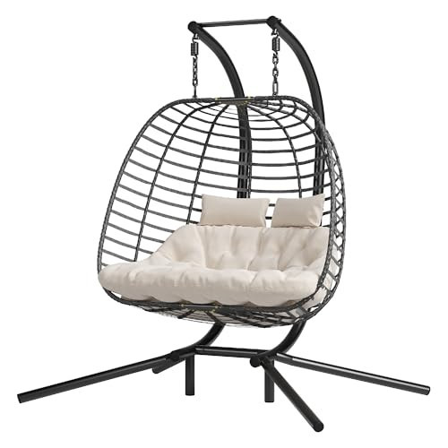Double Hanging Egg Chair wth Stand, Patio Hammock Swing Chair with Cushion Loveseat for Bedroom, Balcony, Garden, Indoor, Outdoor, Beige | Amazon (US)