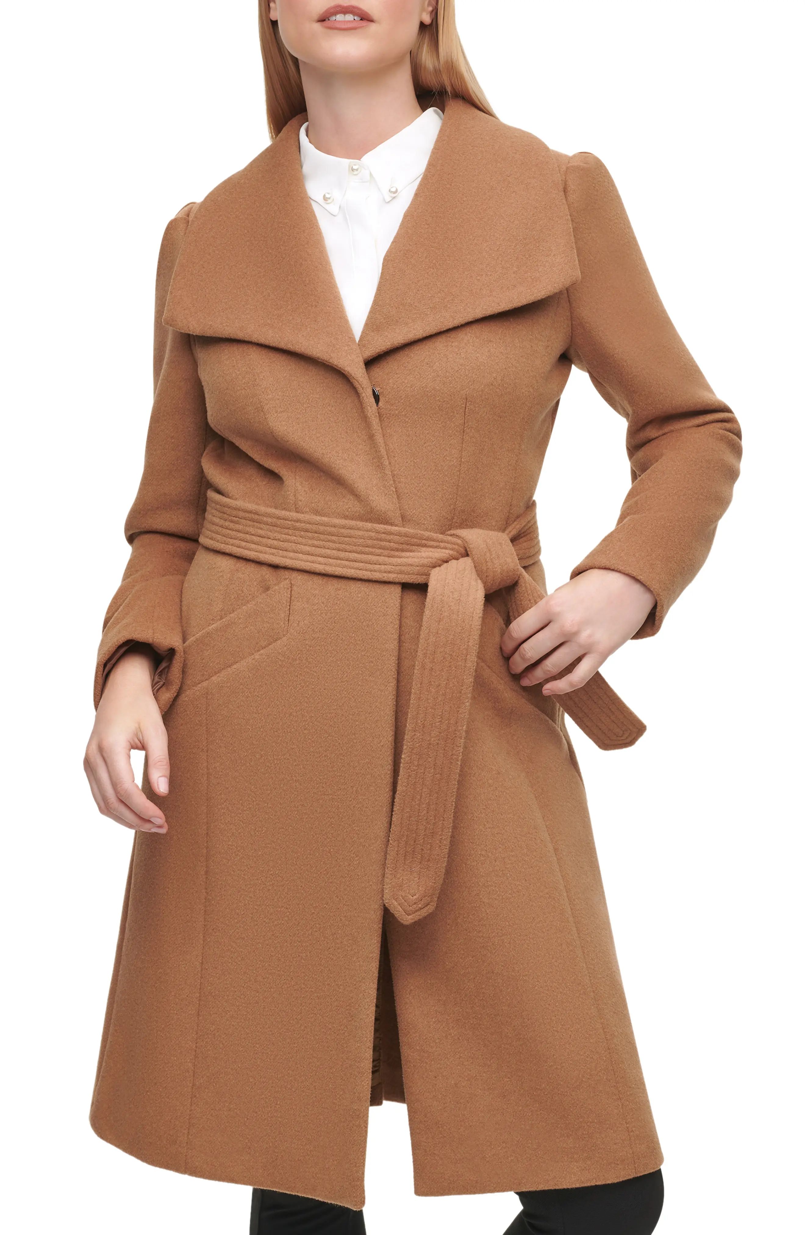 Women's Karl Lagerfeld Paris Wool Belted Wrap Coat, Size Large - Beige | Nordstrom
