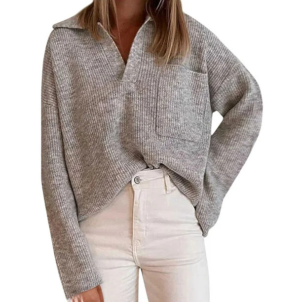 STARVNC Women Lapel V Neck Long Sleeve Pocket Solid Color Rib Sweater - Walmart.com | Walmart (US)