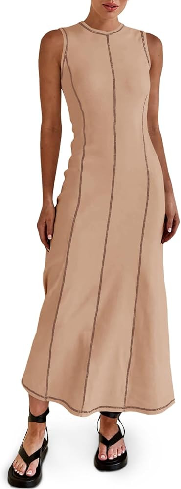 Wenrine Womens Sleeveless T Shirt Dress Summer Contrast Stitch Ribbed Knit Tank Maxi Dresses | Amazon (US)