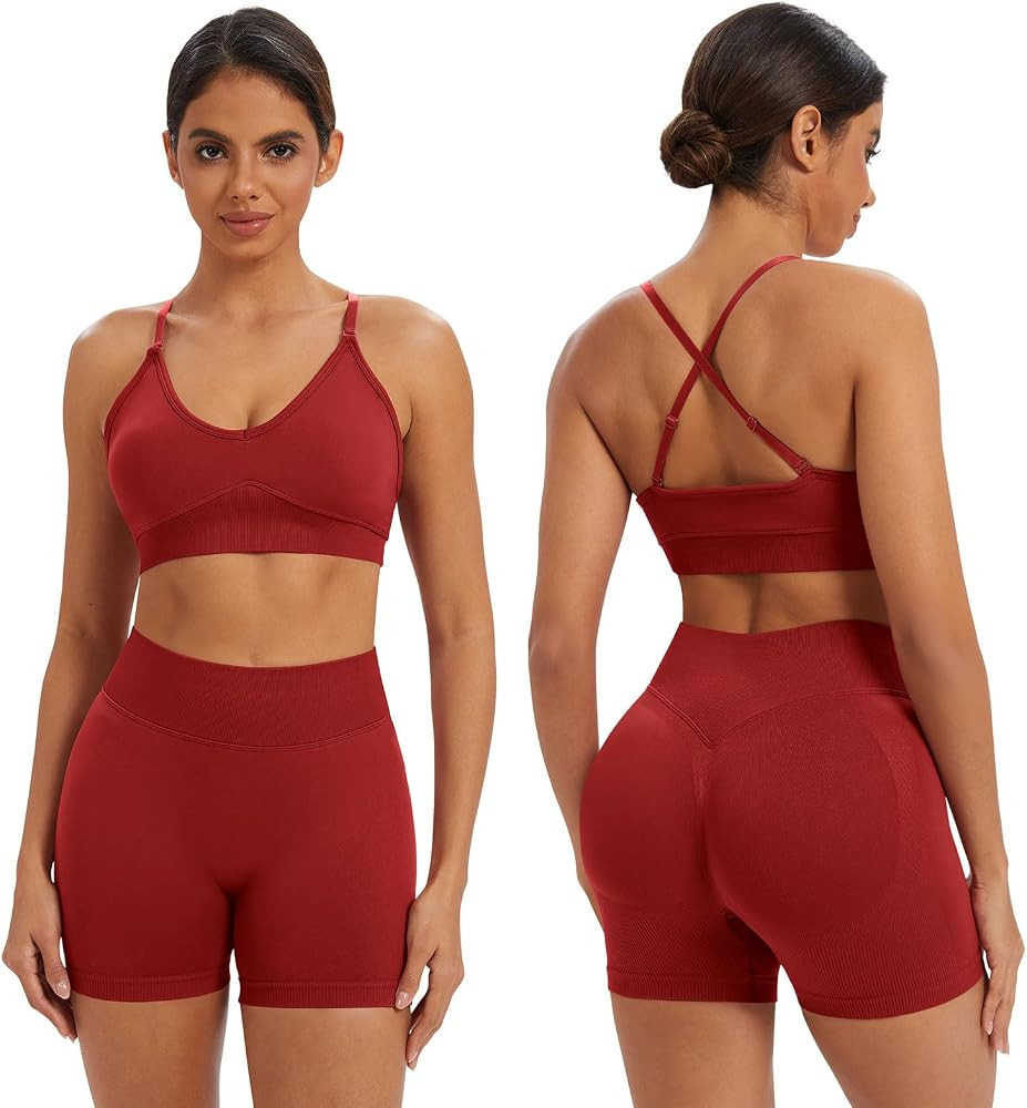 ABOCIW Womens 2 Piece Workout Sets Adjustable Strap V Neck Sports Bra Tummy Control Biker Shorts ... | Amazon (US)