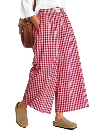 Neer Women's Plaid Gingham Skirt Pants Flowy Oversized Wide Leg Culottes Elastic Waist Palazzo Ca... | Amazon (US)