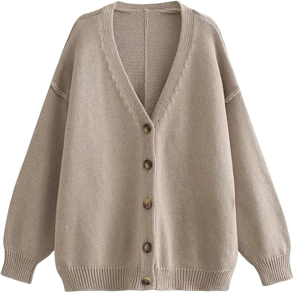 Women's Loose V-Neck Simple Comfortable Classic Decorative Knitted Sweater Coat | Amazon (US)